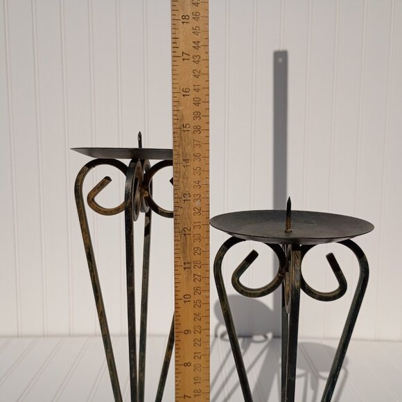 Pair of Wrought Iron Candle Holders Black Gold Scroll French Country Candlestick - Picture 2 of 11